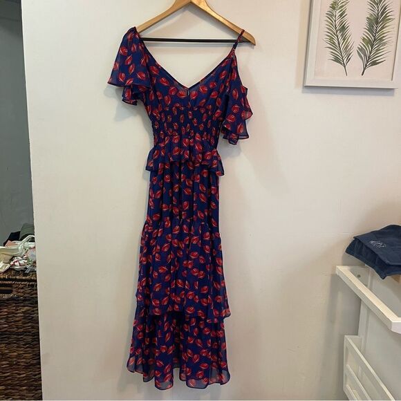 Misa Los Angeles Loulou Ruffled Midi Dress In Navy Blue And Red Print in Size S - Picture 8 of 9